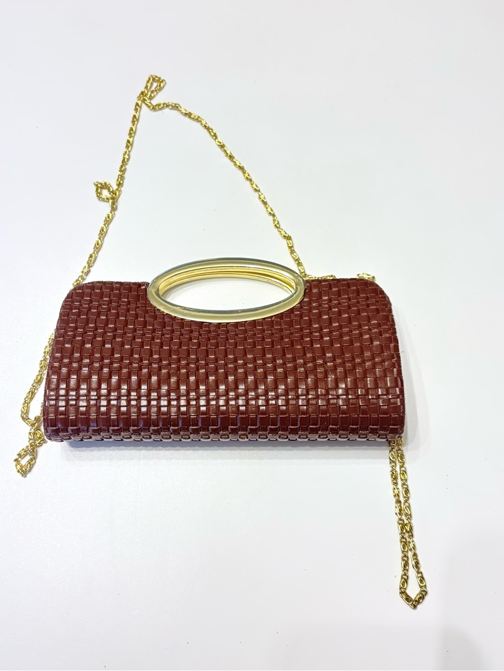 Vintage Bijoux Terner Dark Brown Woven Clutch with Gold Handle and Chain